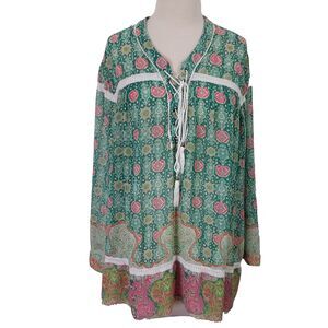 LaBellum Hillary Scott Tunic Top Womens Sz 2X Semi Sheer Lace Trim Green Floral
